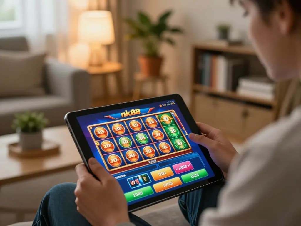 Engaged player using nk88 app on tablet for online gaming in cozy home setting