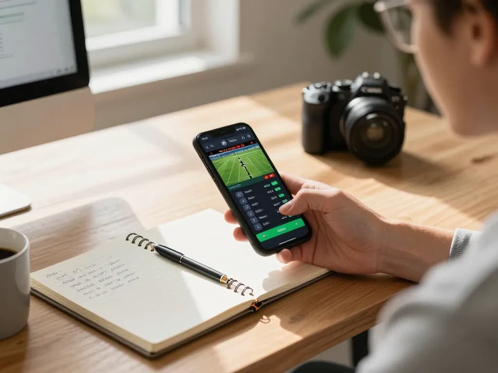 Engaged gambler using smartphone for mu88 mobile sports betting at home.