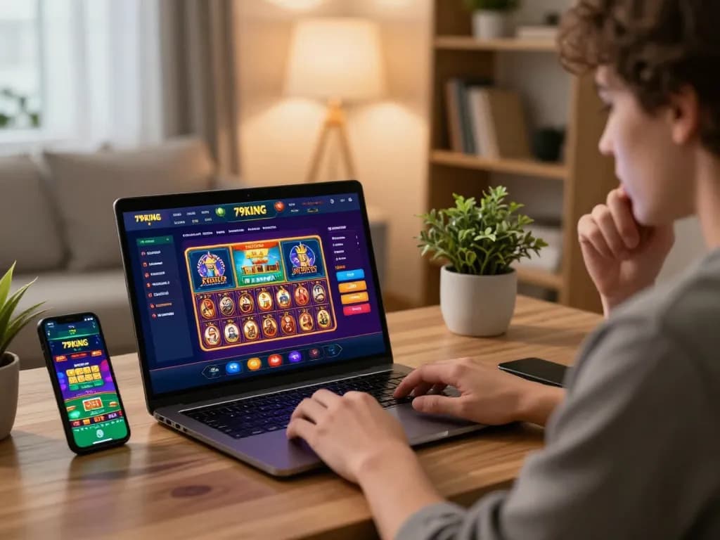 Engaging in online casino gaming with 79KING's dynamic interface from a cozy home office.
