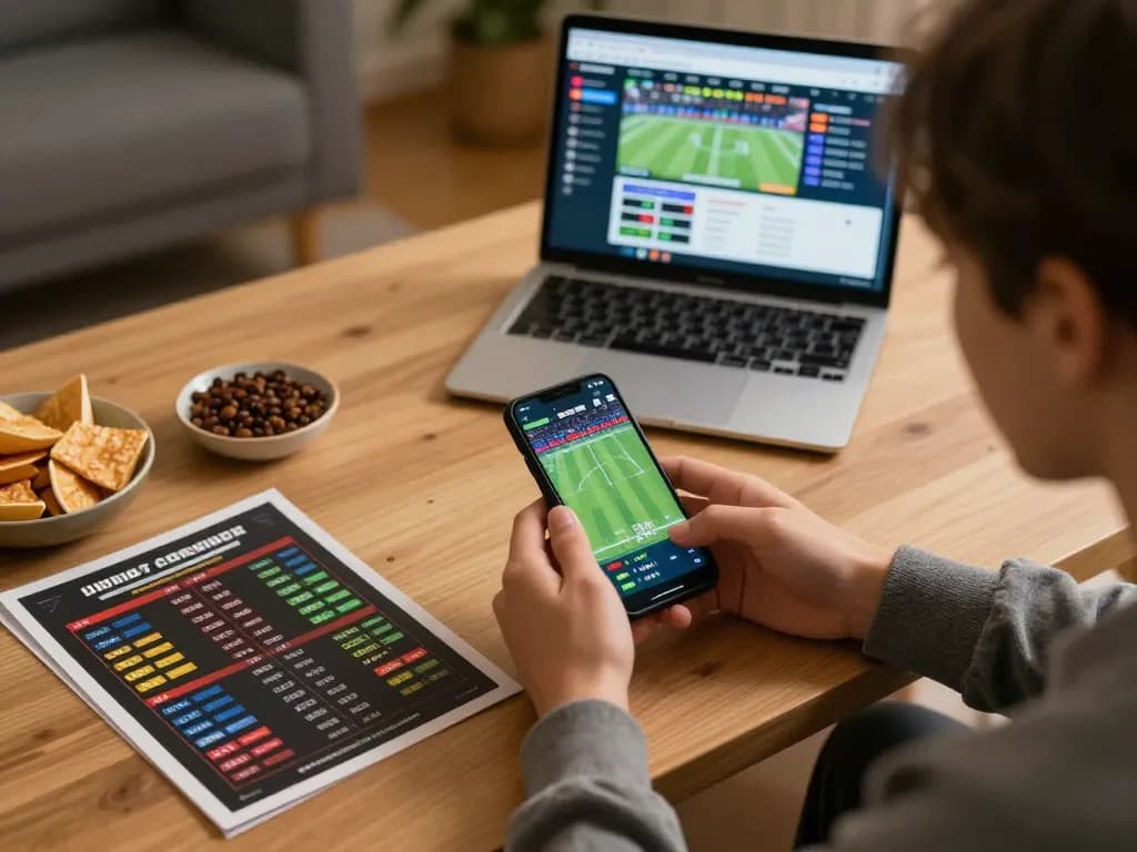 Luck8 user engaged in live sports betting, analyzing stats on smartphone among guides and snacks.