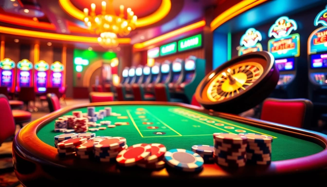 Kèo nhà cái 5 highlights thrilling casino action with poker chips and a roulette wheel in a luxurious setting.