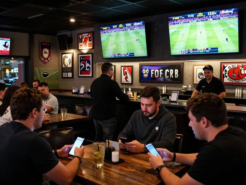 Bsport users engaged in dynamic live sports betting atmosphere with screens showing games and enthusiastic fans