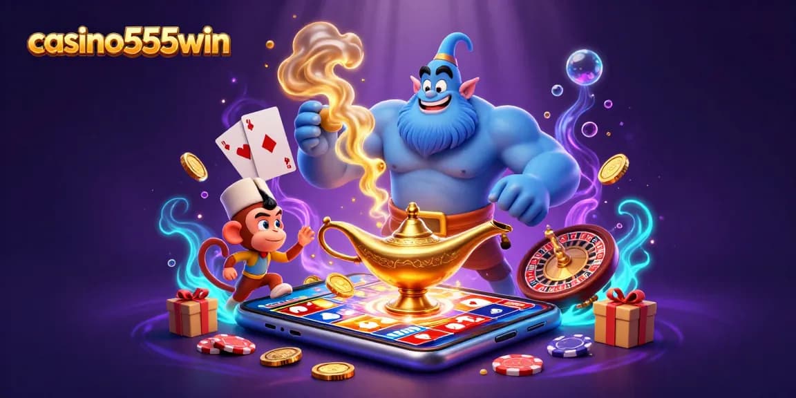 Experience the thrill of casino555win with a dazzling scene of a genie, monkey, and magical elements.
