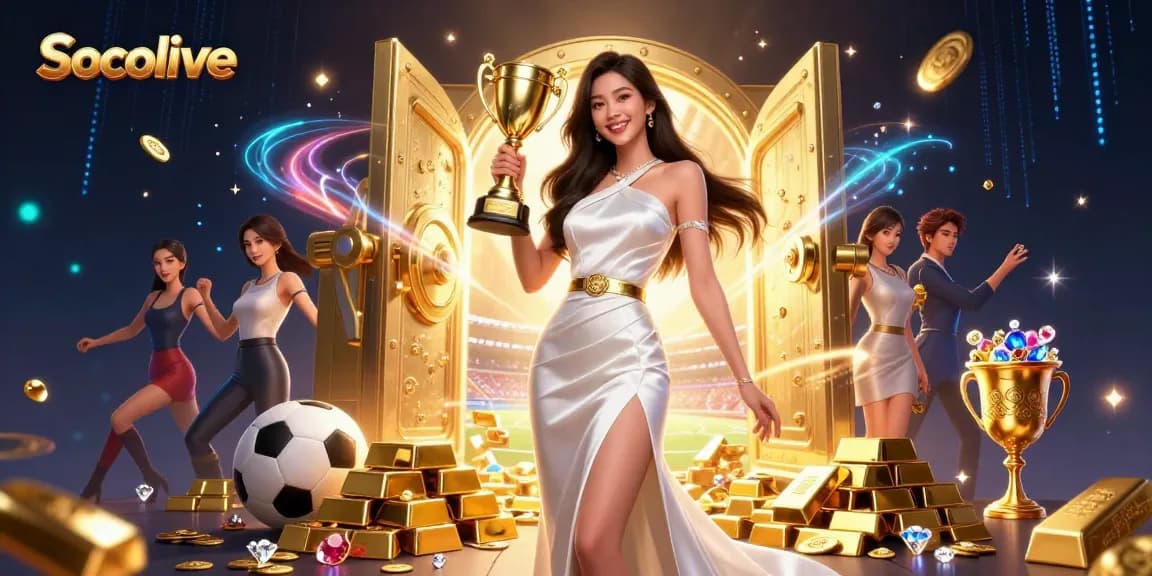 Socolive showcases live soccer action with vibrant imagery of a victorious Asian woman holding a trophy amidst dynamic betting elements.