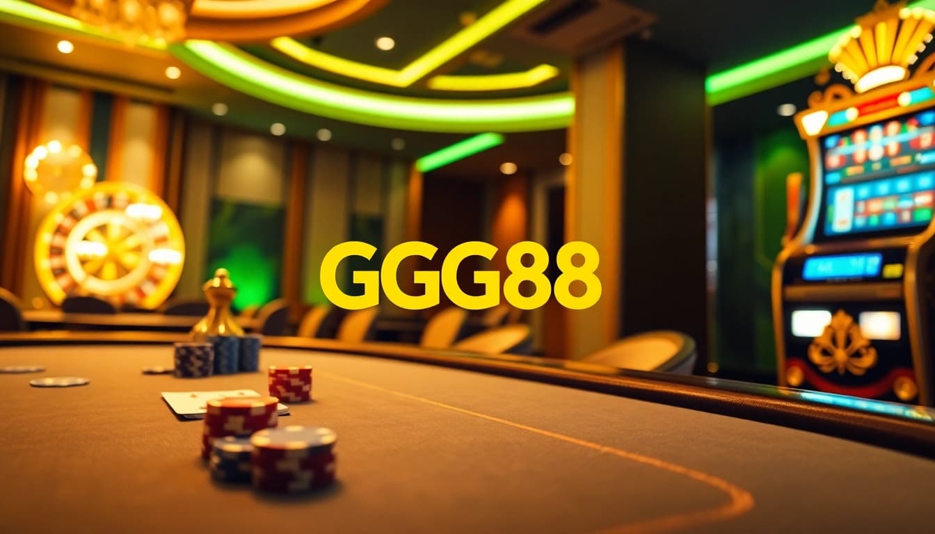 Experience thrilling gameplay with GG88's luxurious online casino environment featuring poker tables and roulette wheels.