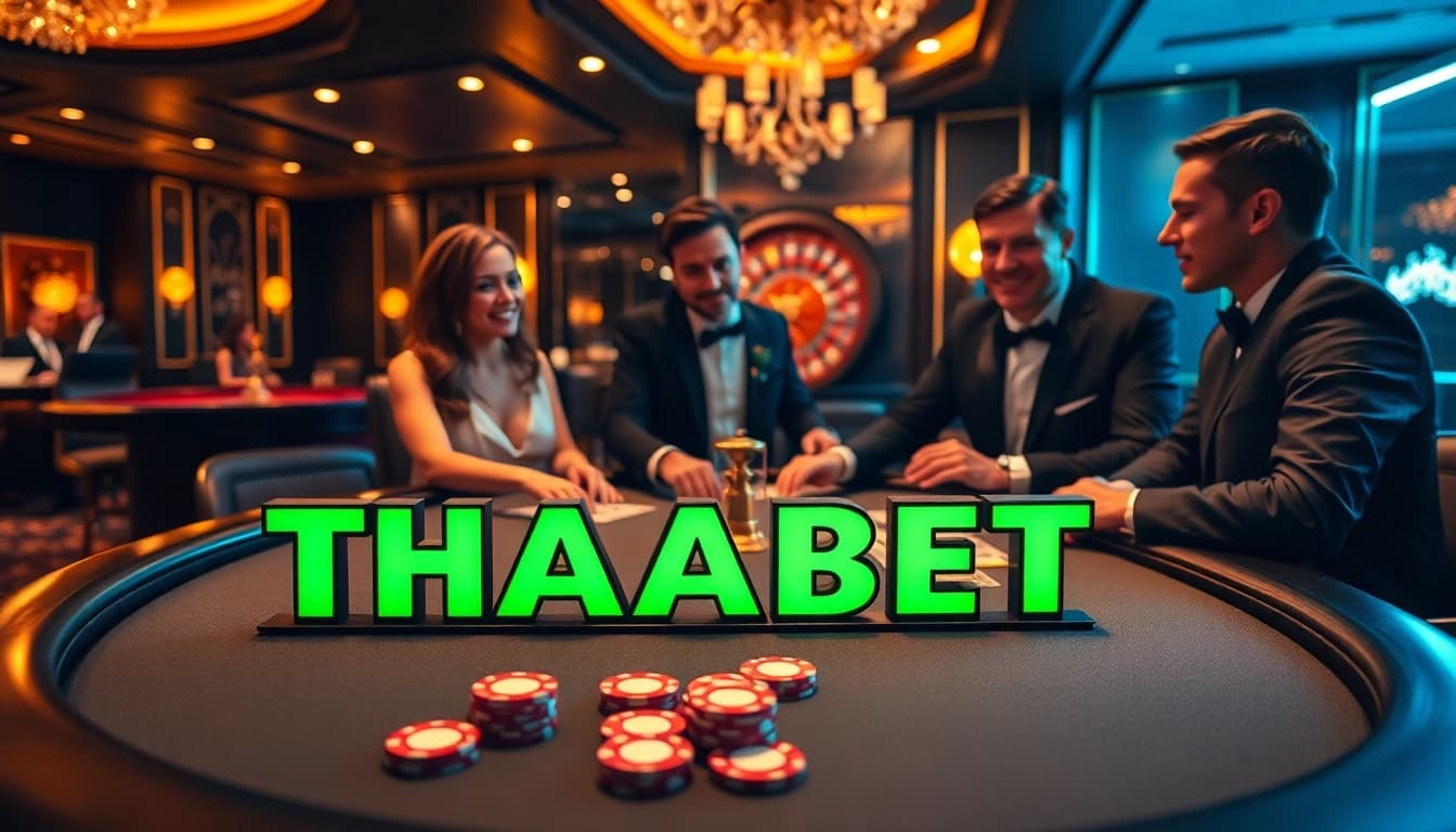 Exciting casino atmosphere with THABET branding, showcasing poker games and vibrant players.