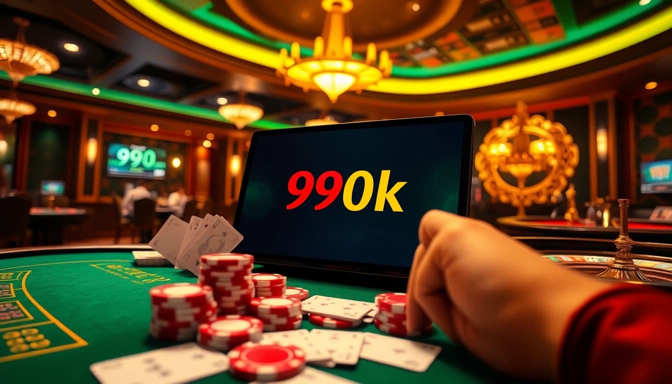 Experience excitement at 99ok with vibrant poker chips and a luxurious casino interface.