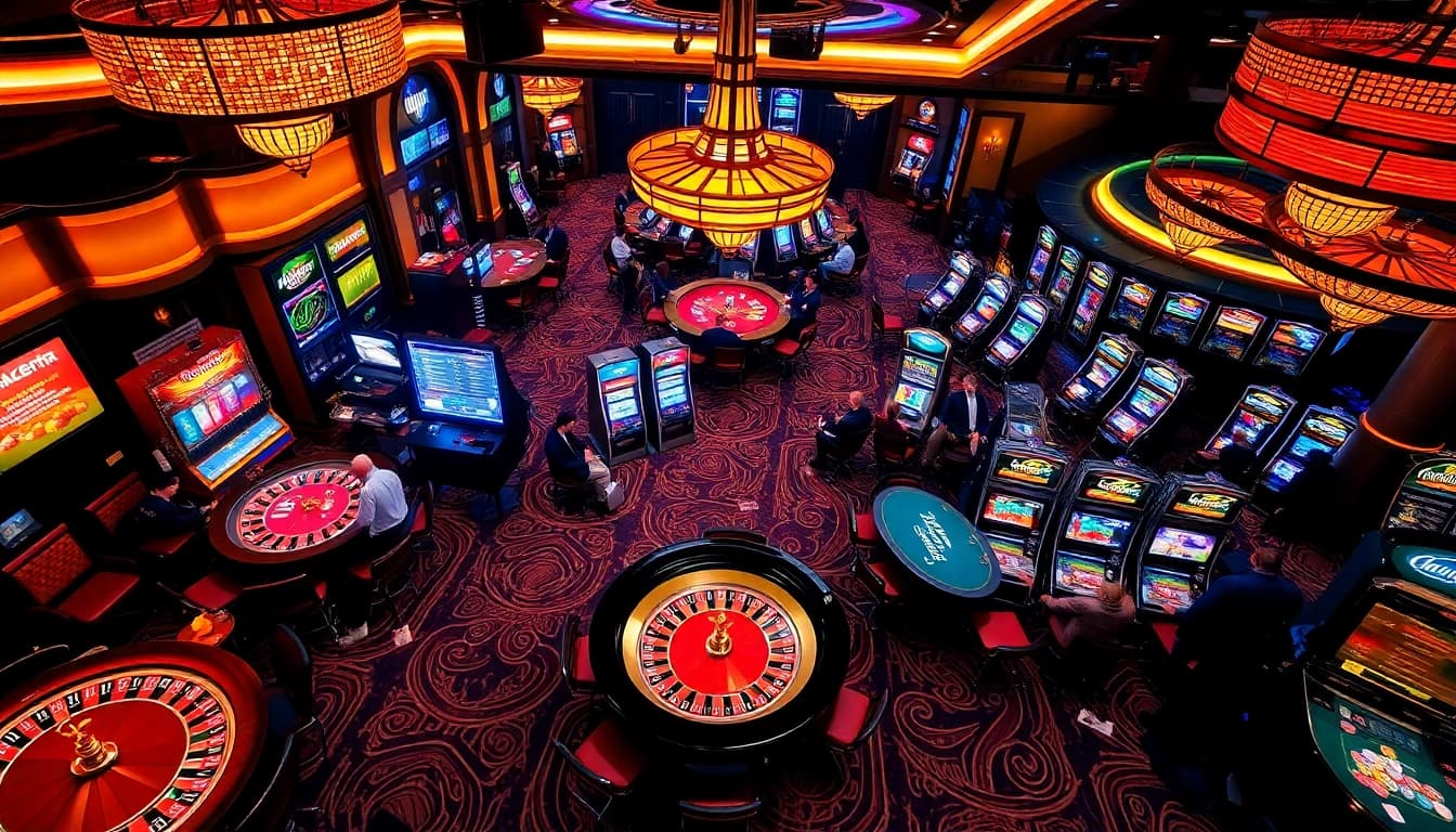 Players enjoying the excitement at MM88.center's vibrant casino atmosphere with roulette and poker games.