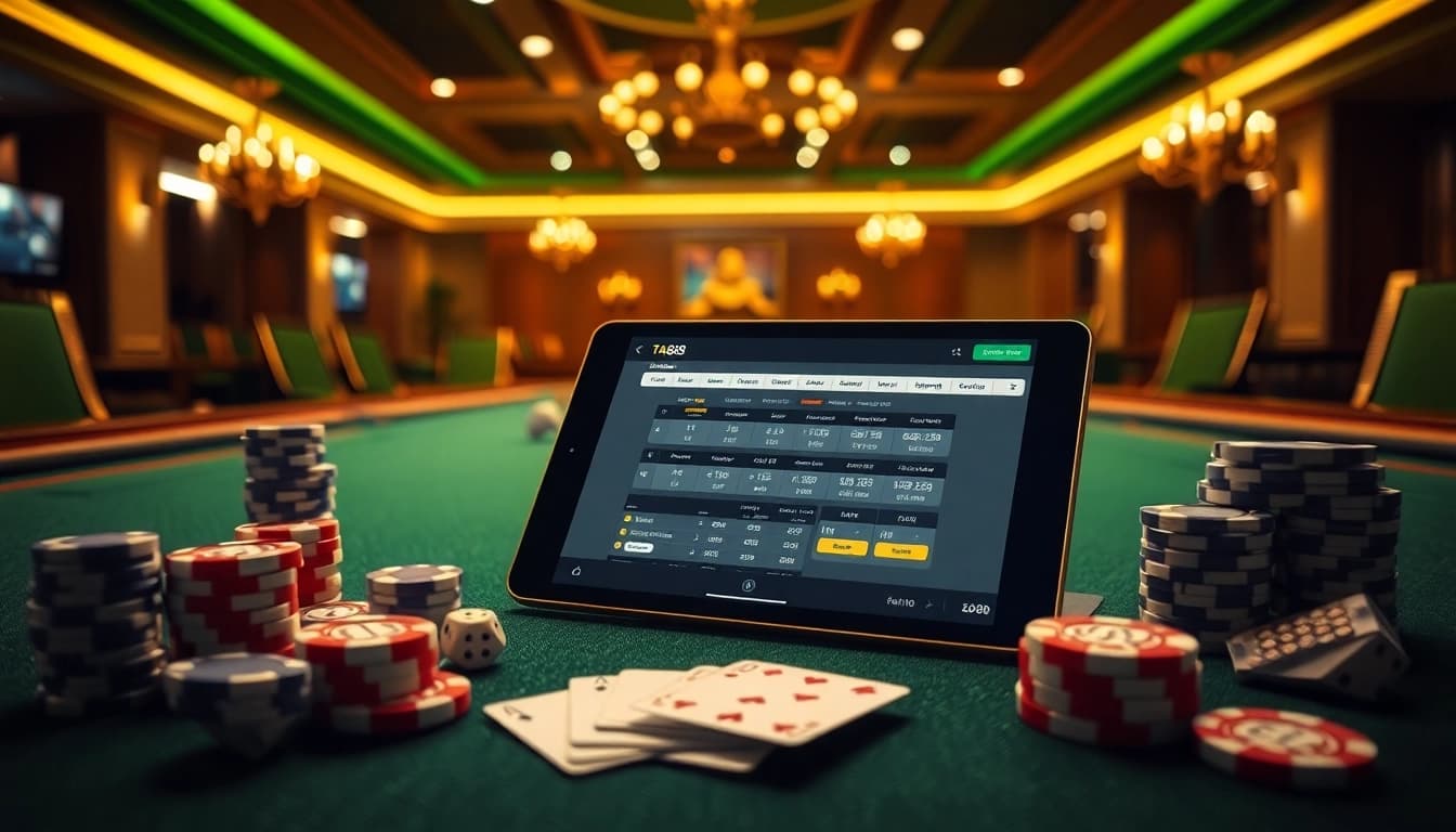 Putting your bets with the ta88 app on a luxurious casino table, featuring poker chips and cards.