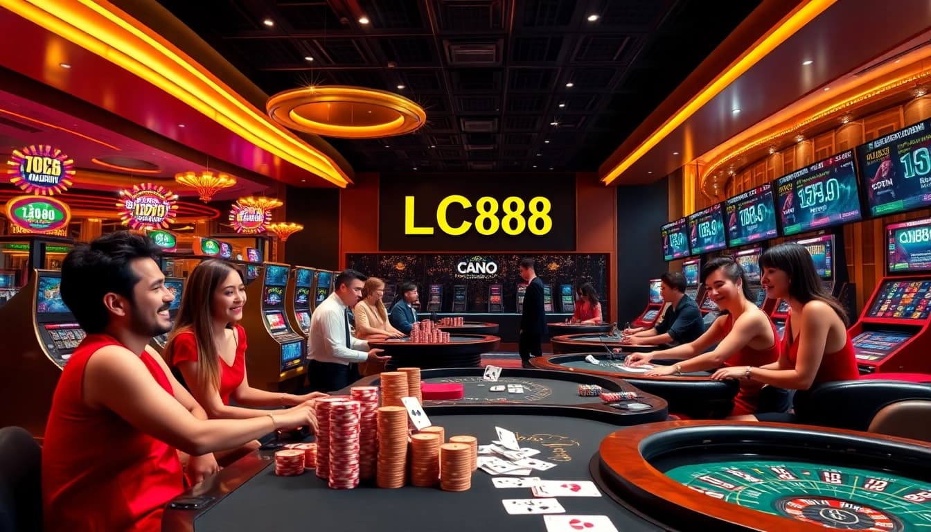Exciting gameplay scene at LC88 casino, featuring vibrant tables and slot machines.