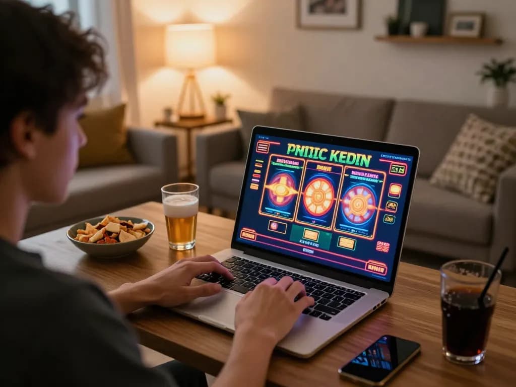 Engaging in online gaming at home through https://da88at.com/ on a laptop, highlighting the vibrant casino atmosphere.