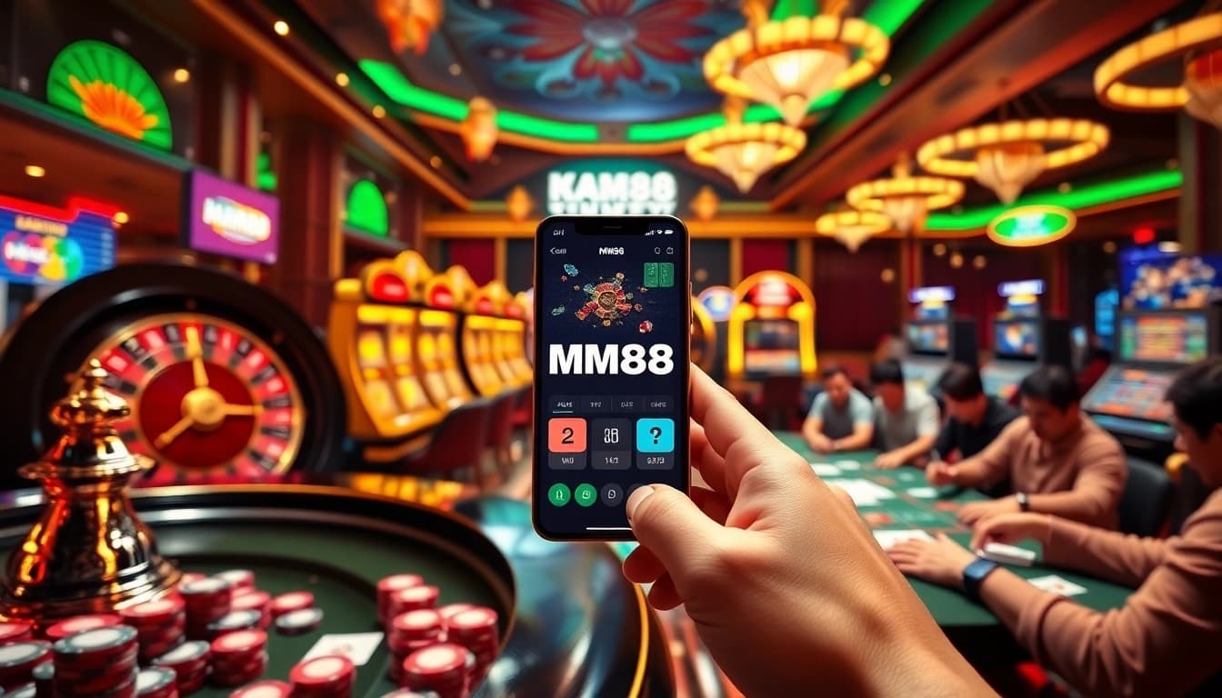 Engaging scene of online gambling with MM88 interface and casino elements.