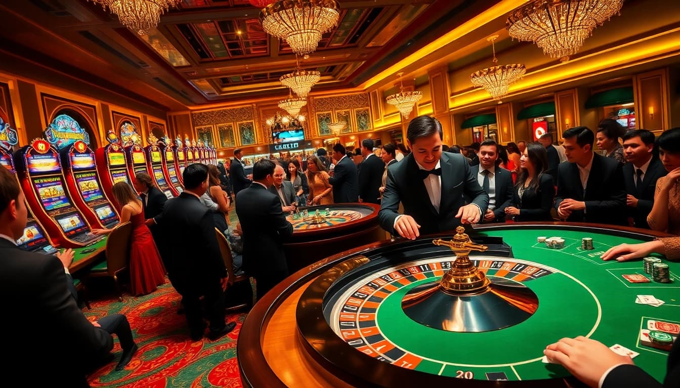 Players enjoying a luxurious game at luck8 com casino tables featuring roulette and poker.