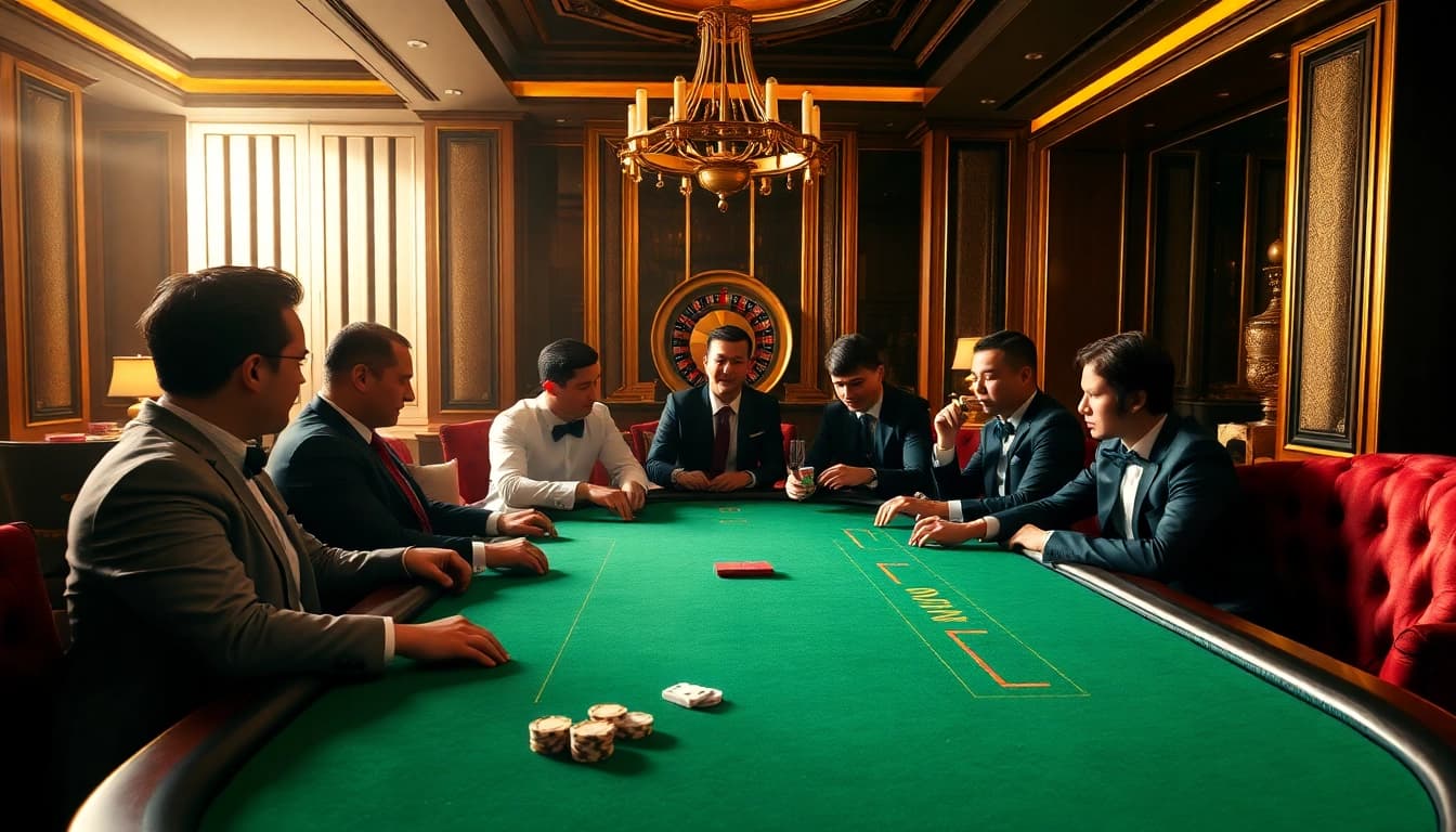 Players engaging in a high-stakes poker game at tg88.black, showcasing vibrant poker chips and cards.