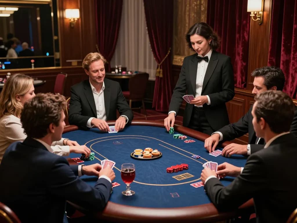 MMOO players strategizing at an exclusive poker table in a high-end casino environment