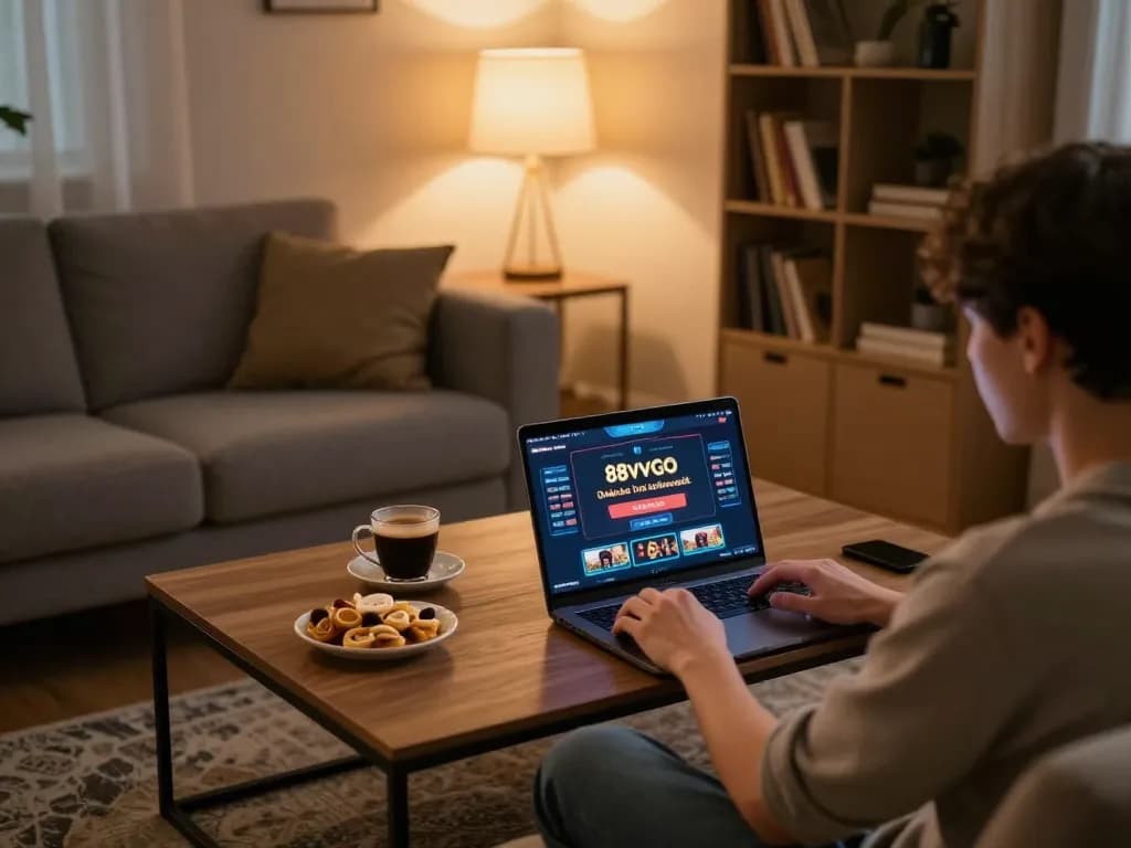 Player immersed in online casino gaming with the 88vvgo app at home, demonstrating strategy and enjoyment.