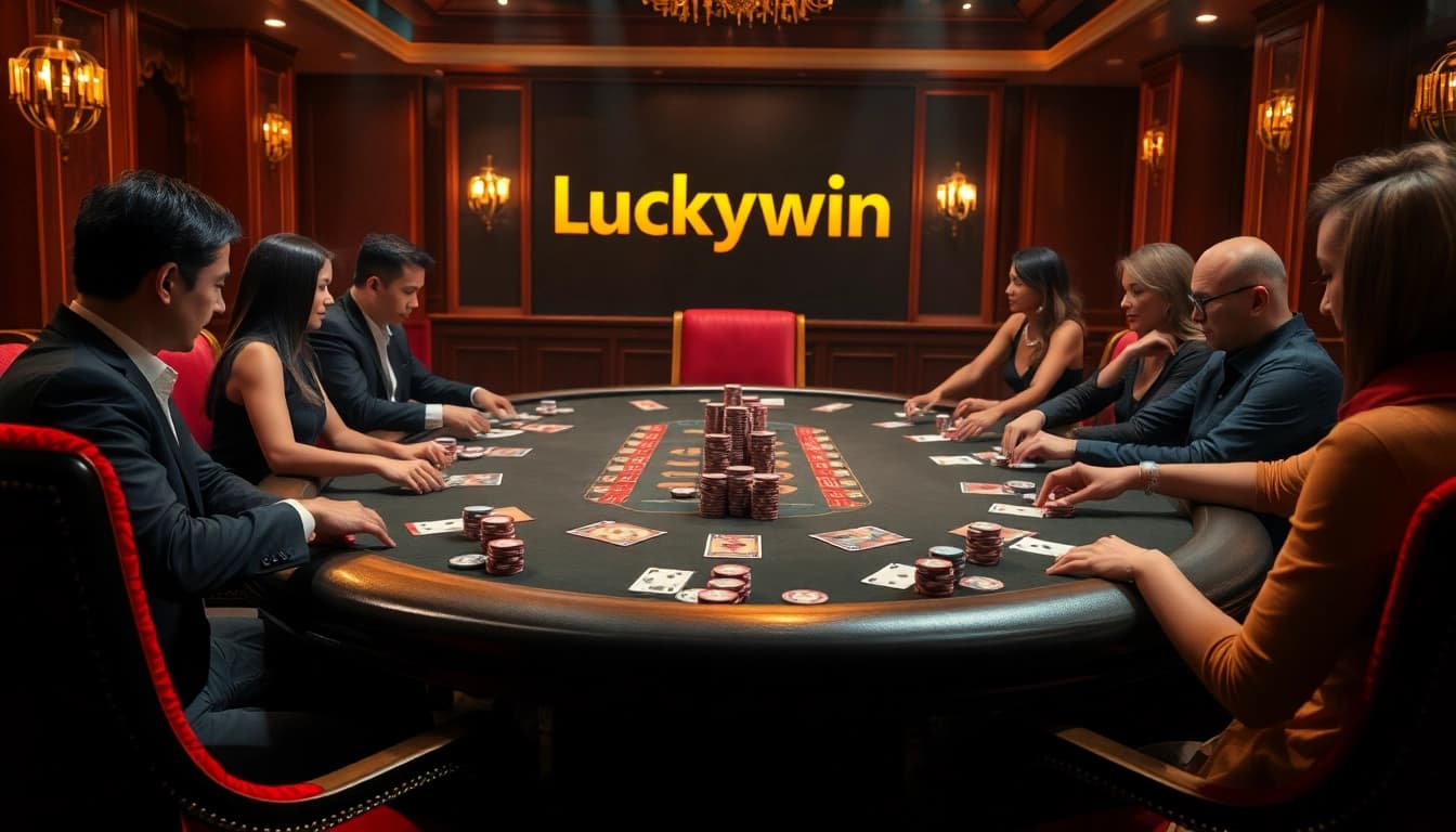 Engage with Luckywin's thrilling poker scene featuring premium chips and intense gameplay.