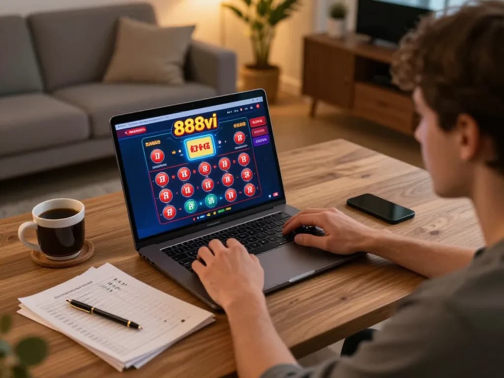 Engaged player enjoying 888vi online casino game on laptop while managing bankroll strategy.