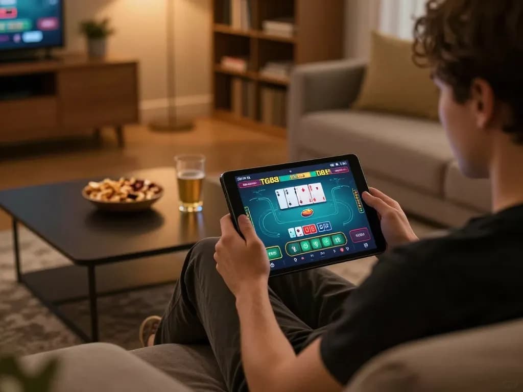 Engaging gaming session with TG88 poker game displayed on tablet in cozy home setting