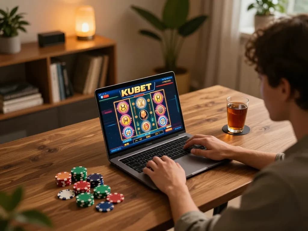 KUBET player enjoying an exciting slot game on a laptop at home.