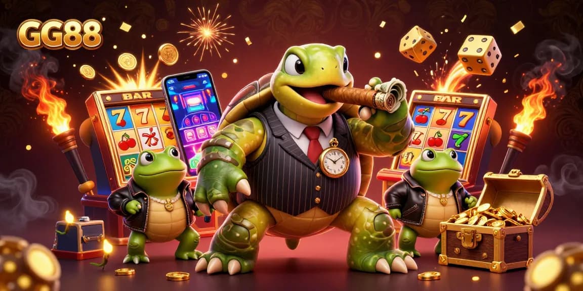 GG88 showcases a vibrant casino scene with a snapping turtle in a stylish mobster suit and colorful slot machine elements.