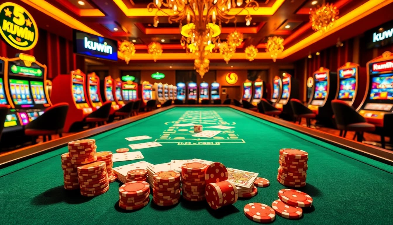 Kuwin's casino table showcasing exciting poker games with vibrant chips and cards.