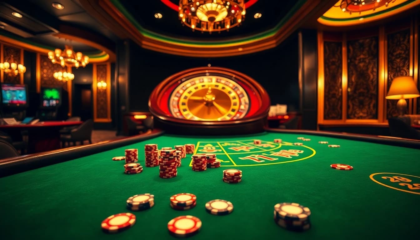 Exciting gaming scene at 888new casino, featuring blackjack tables, roulette wheels, and poker chips.