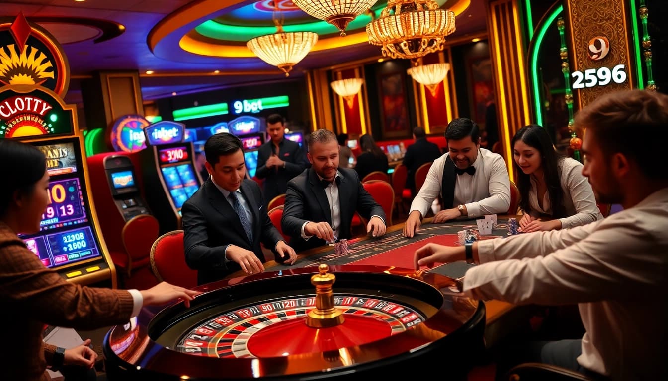 Players enjoying a thrilling game at i9bet casino tables, surrounded by vibrant slot machines and a roulette wheel.