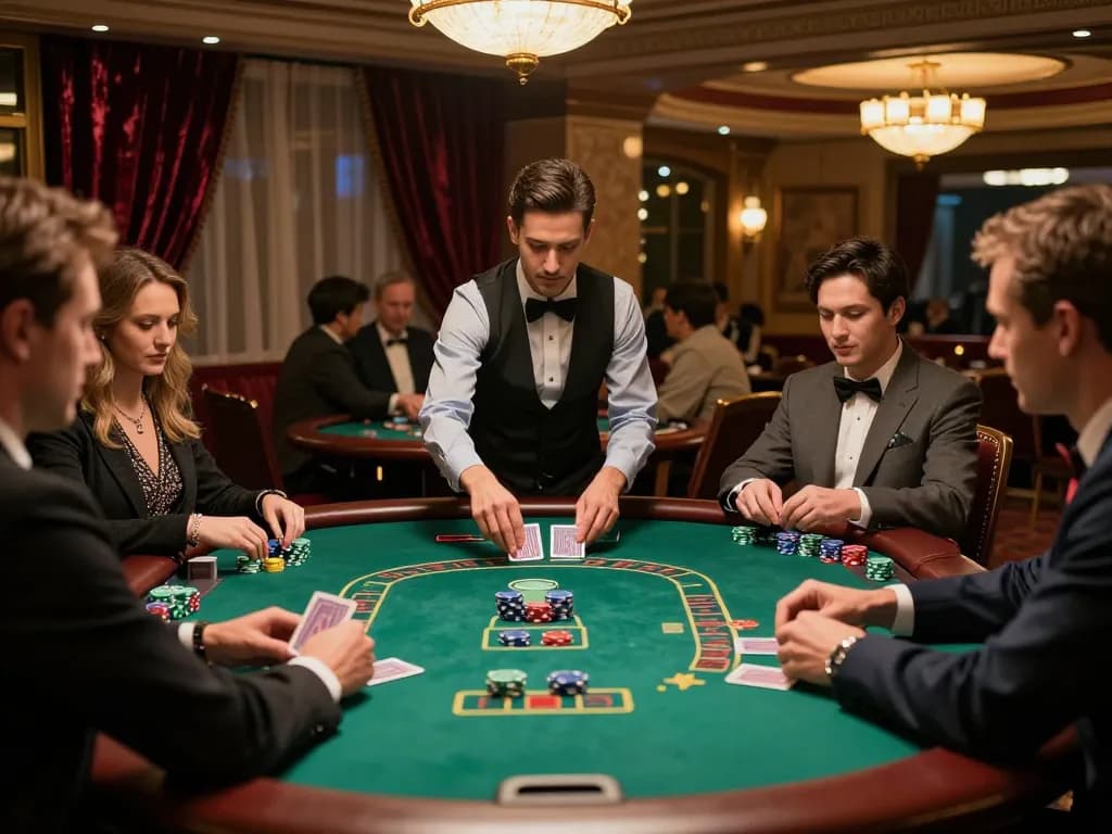 vu88 players strategizing at a vibrant blackjack table in an elegant casino.