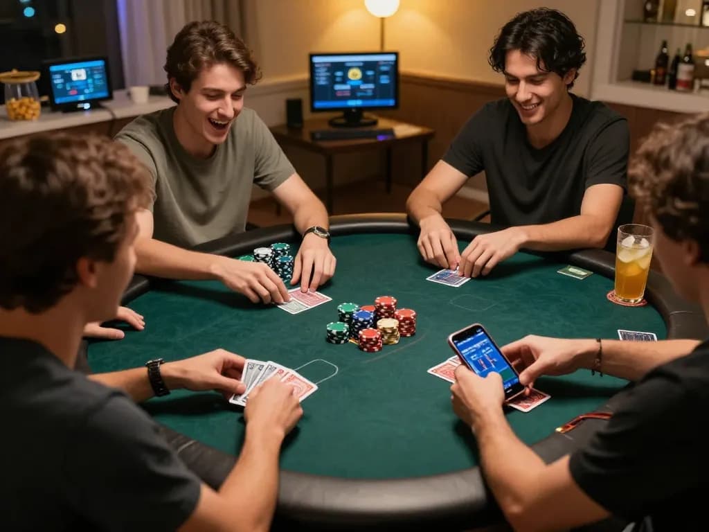 Friends enjoying a poker game with https://max88sss.com/ in a cozy home setting, cards dealt and chips stacked.