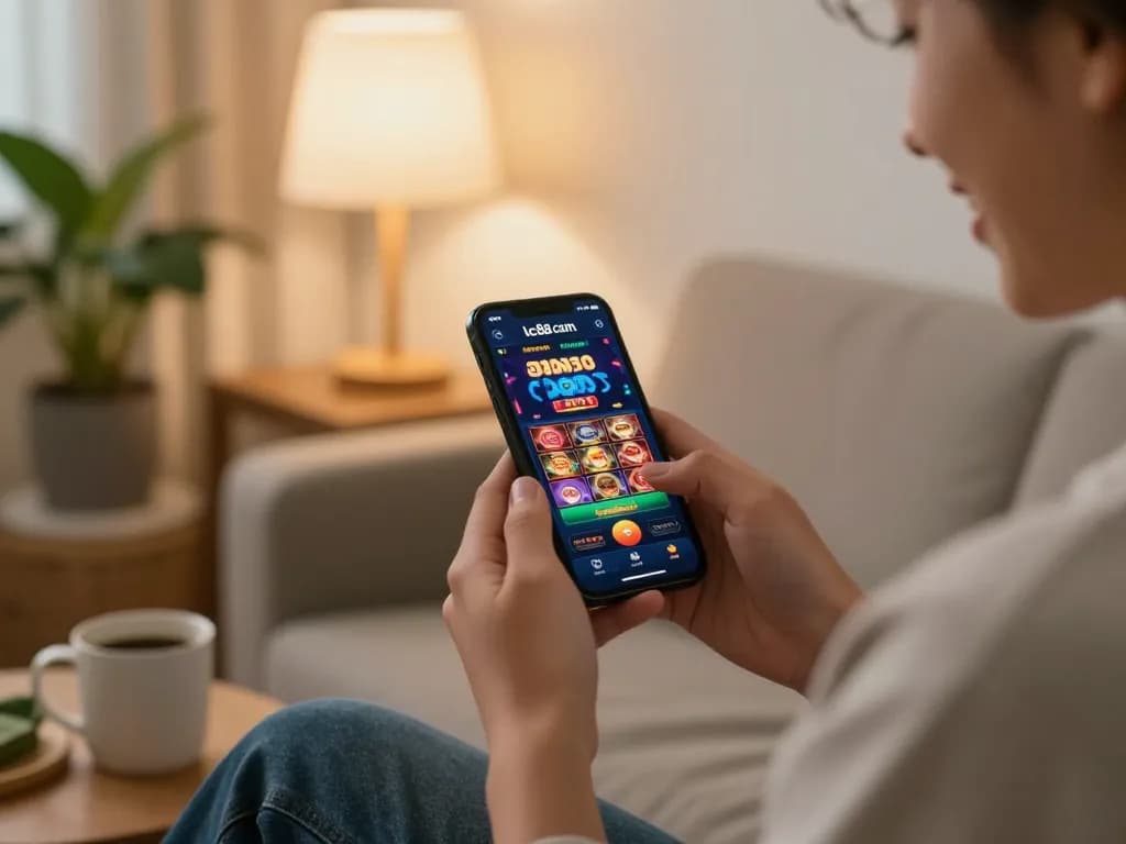 Engaging with lc88 com app on smartphone in a cozy living room during online gaming session.