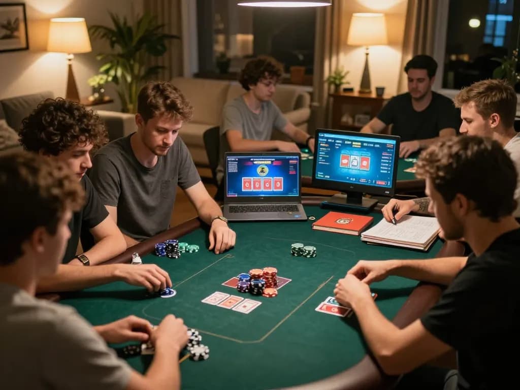 Players engaging in a strategic online poker game using various devices, showcasing C168 at home gaming setup