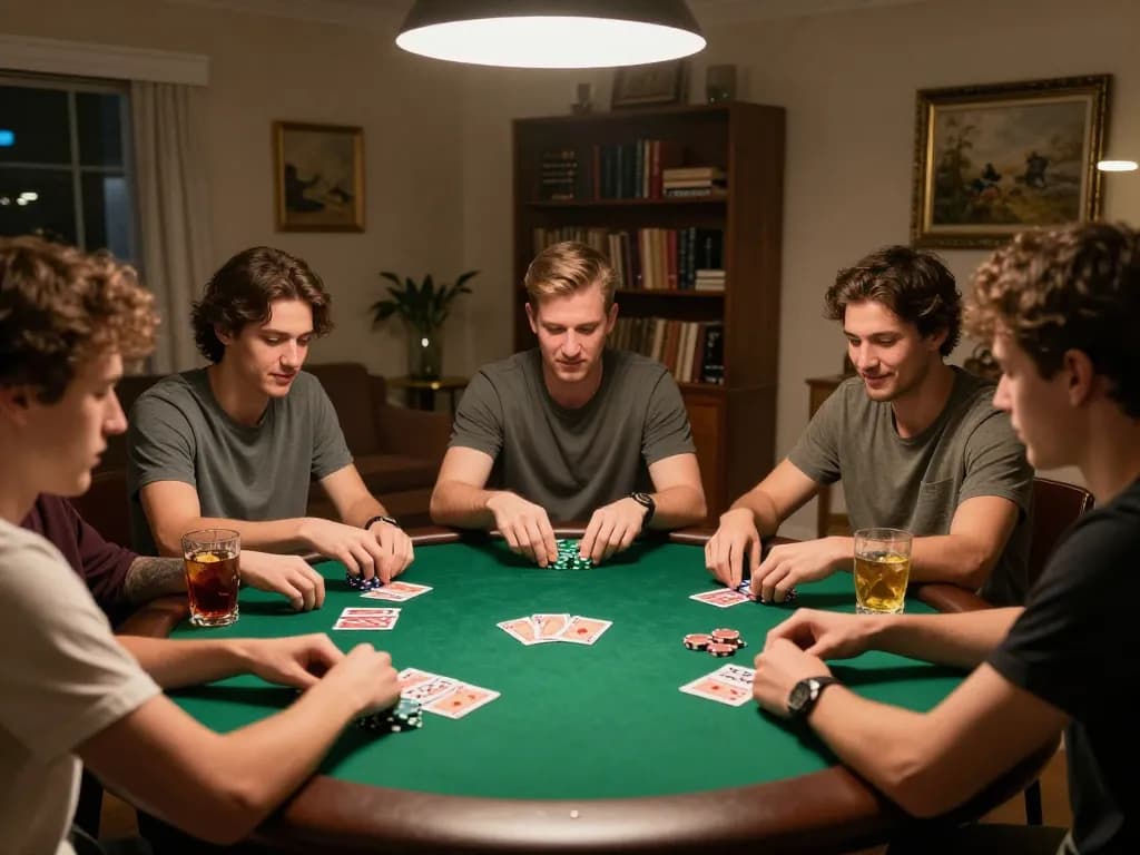 Friends enjoying a fun poker night at home, navigating strategies and playing cards while engaging in friendly competition at their cozy gaming table.