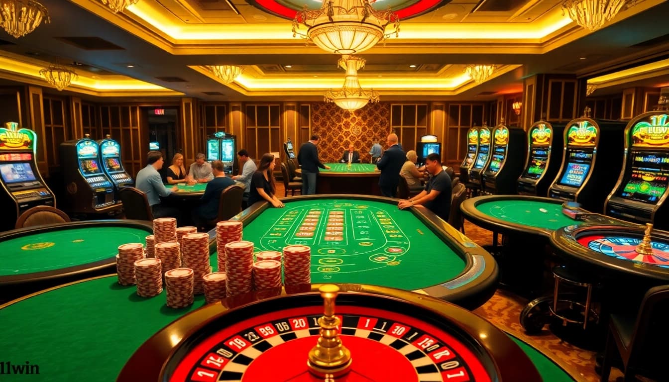 Players enjoying casino games at 11win with vibrant tables and compelling atmosphere.