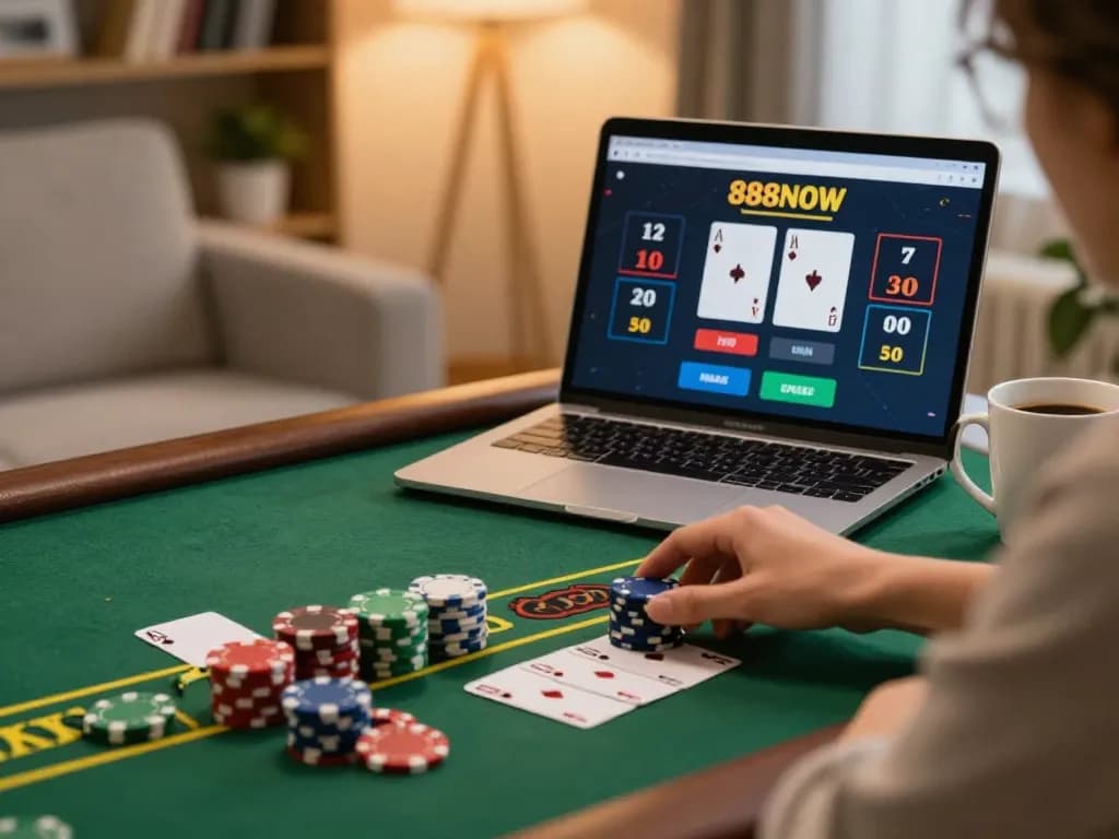 Play blackjack on 888NOW platform in a cozy home setting with chips and cards visible.