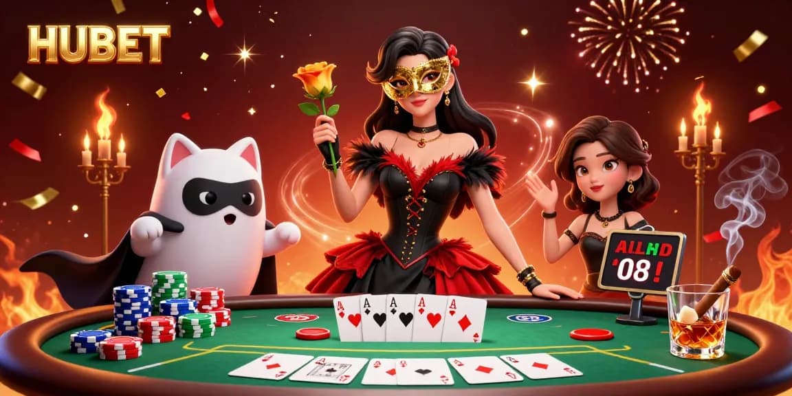 Engage in thrilling gaming at HUBET with a vibrant scene of a masked lady and cat amidst poker chaos.
