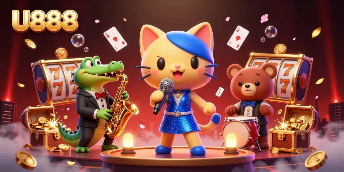 Experience thrilling gaming with U888's vibrant casino scene featuring lively characters and dynamic action.