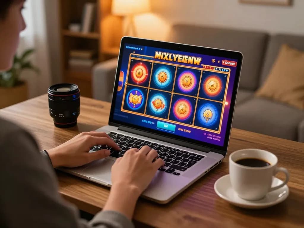 Player enjoys spinning reels on hubet online casino, showcasing vibrant slot games on laptop.