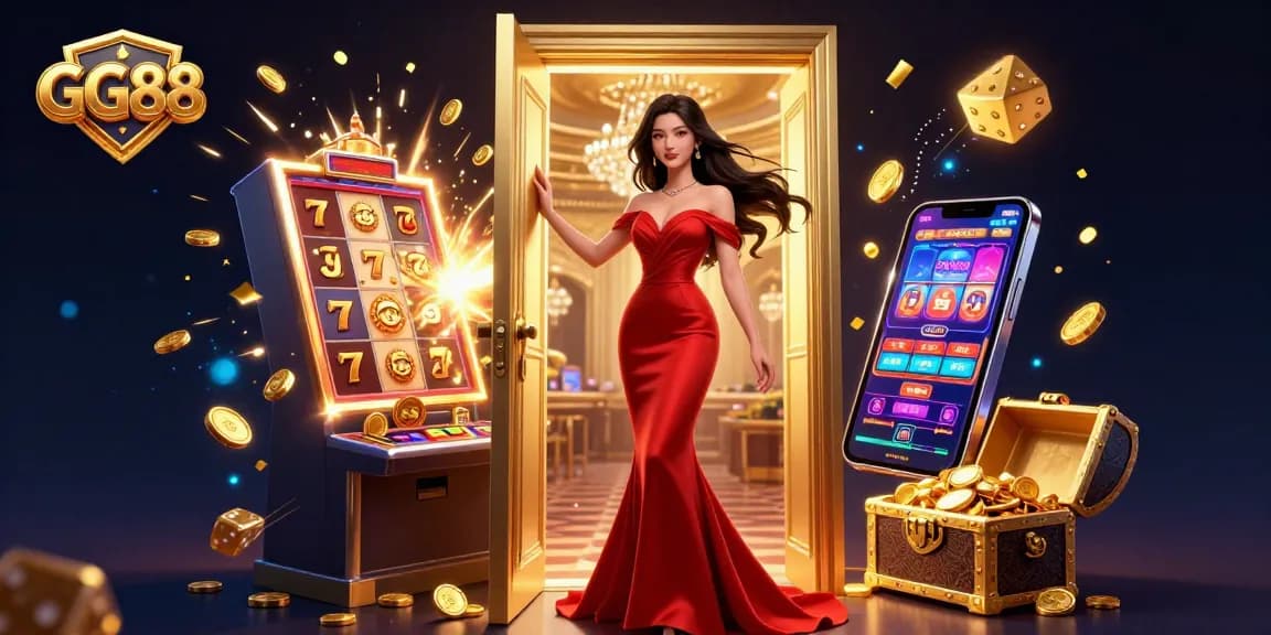 Win big with GG88 at the luxe casino entrance, featuring a stunning lady in red among lively game animations.