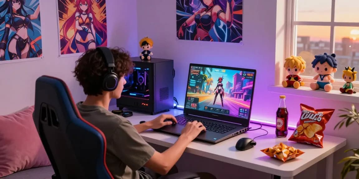 Engaged gamer playing AI hentai games in a vibrant gaming setup with colorful decor.