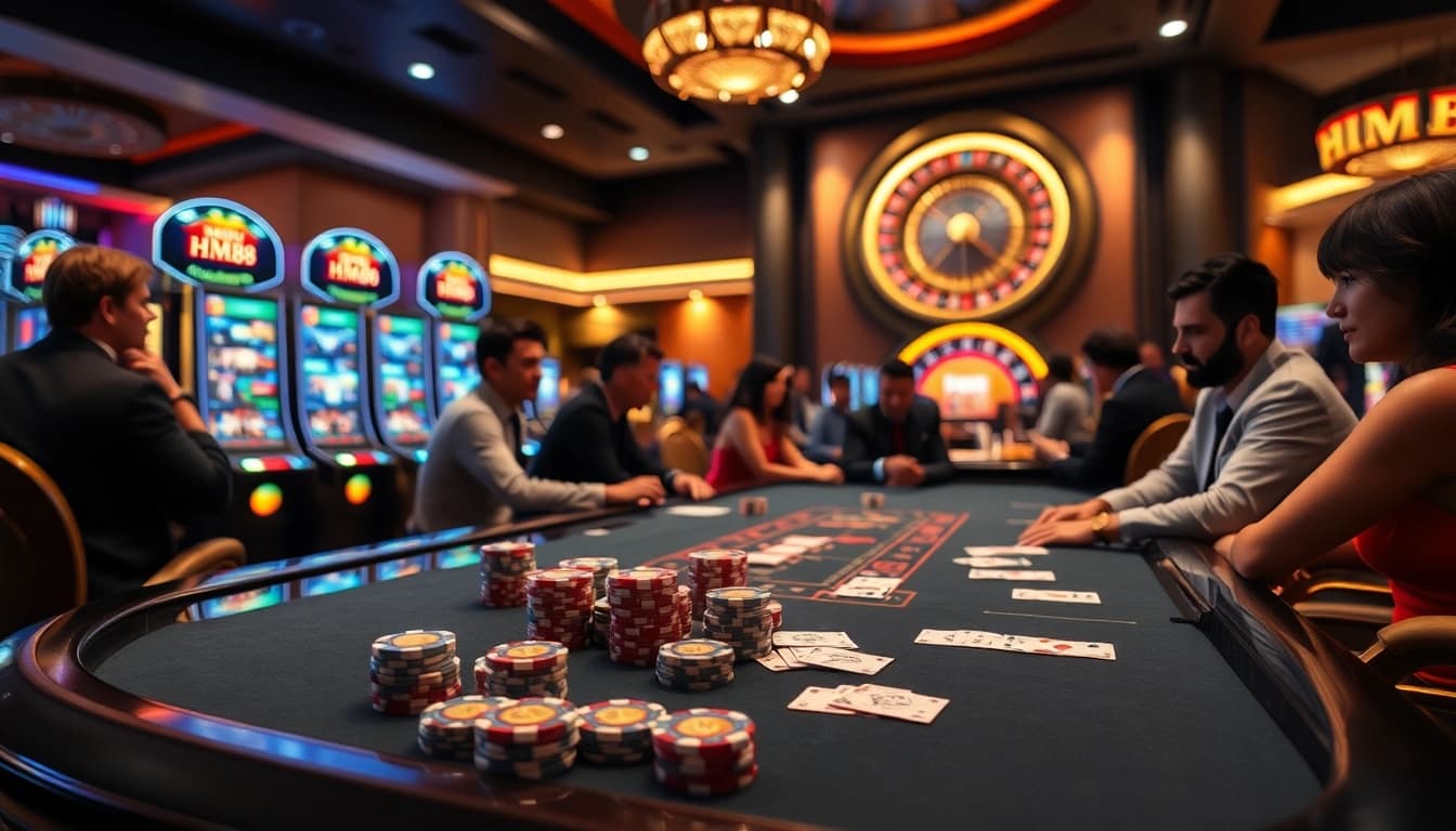 Players enjoying various casino games at HM88, highlighting vibrant poker chips and slot machines