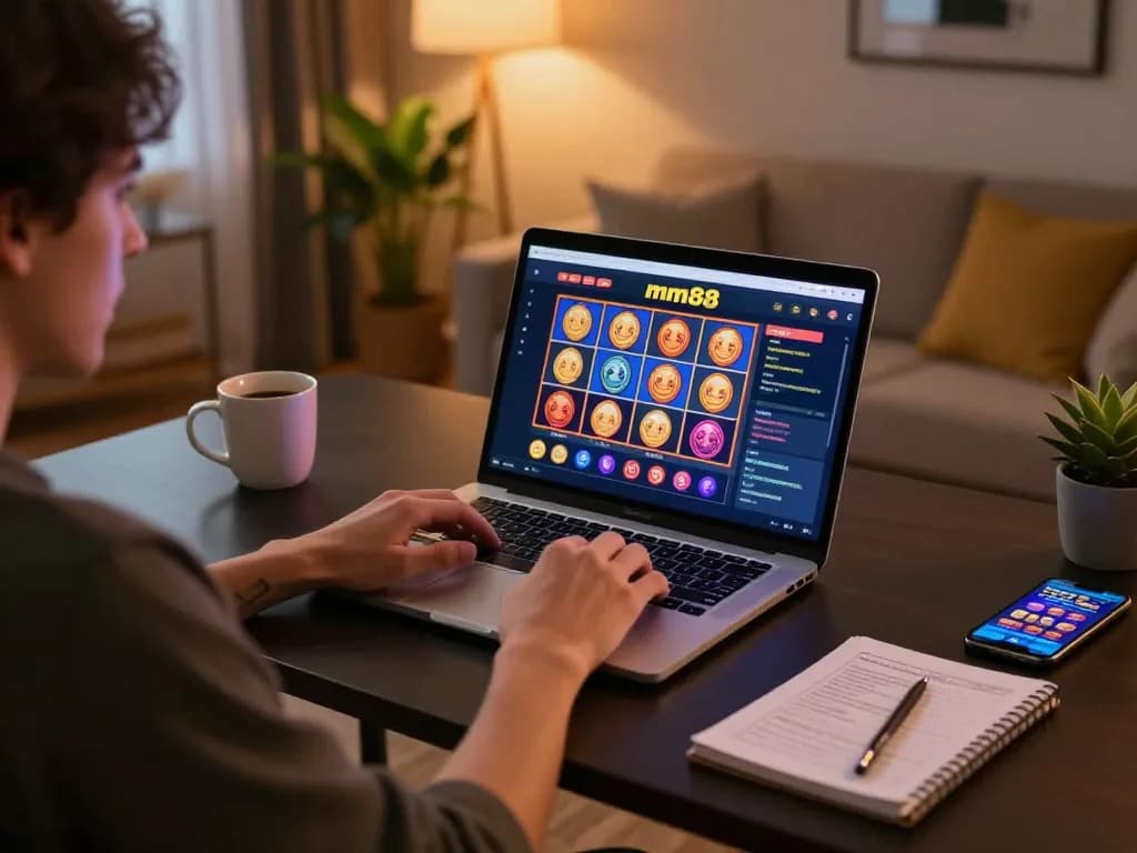 Player engaging with mm88 online casino gaming interface at home, highlighting strategic gameplay