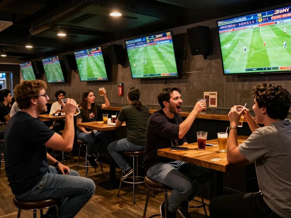Kết quả bóng đá displayed on screens at a lively sports bar with excited fans cheering and celebrating
