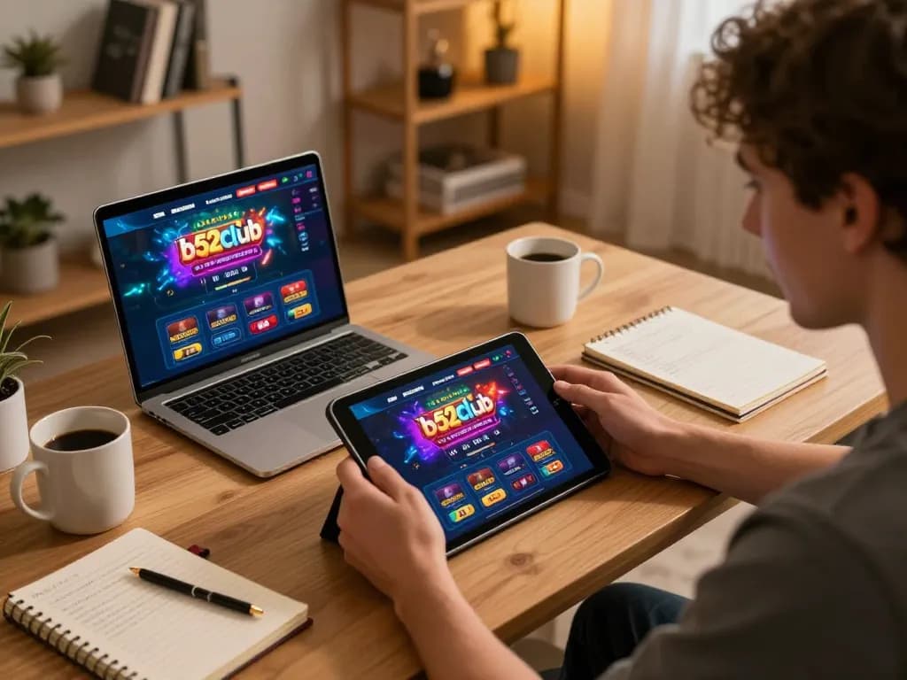 B52club player engaging with online slots on tablet showcasing colorful graphics.