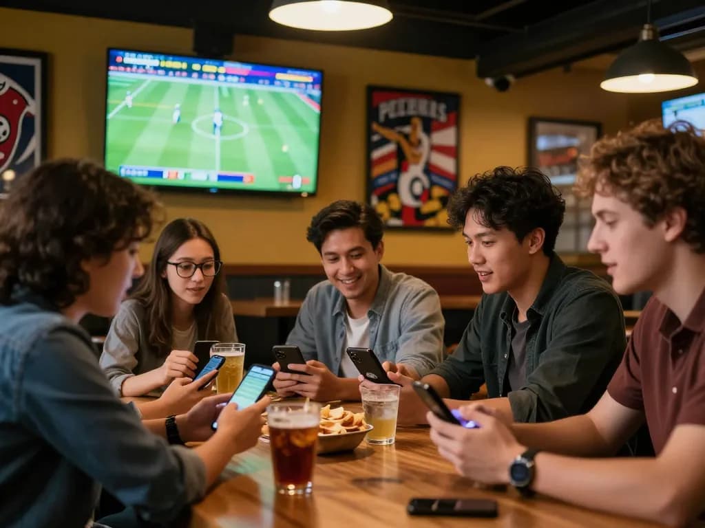 Kèo Nhà Cái Hôm Nay action captured as sports enthusiasts engage in live betting discussion at a vibrant sports bar.