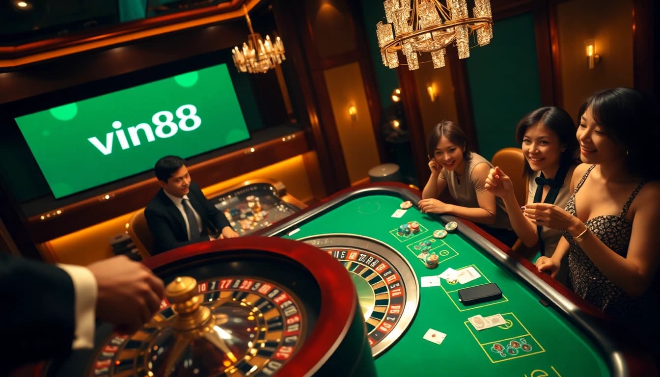 Players enjoying a thrilling vin88 casino experience with captivating roulette action and elegant decor.