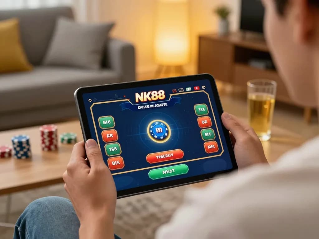 Engaging online casino gameplay on NK88 platform showcasing chips and betting options in a cozy setting