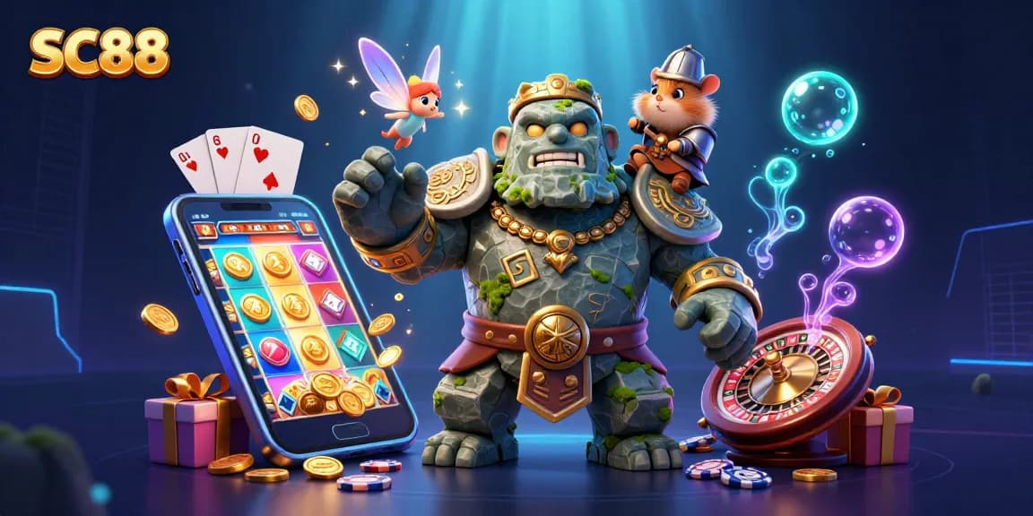 Engage with SC88's exciting slot games featuring a vibrant 3D illustration of magical characters and dynamic casino elements.