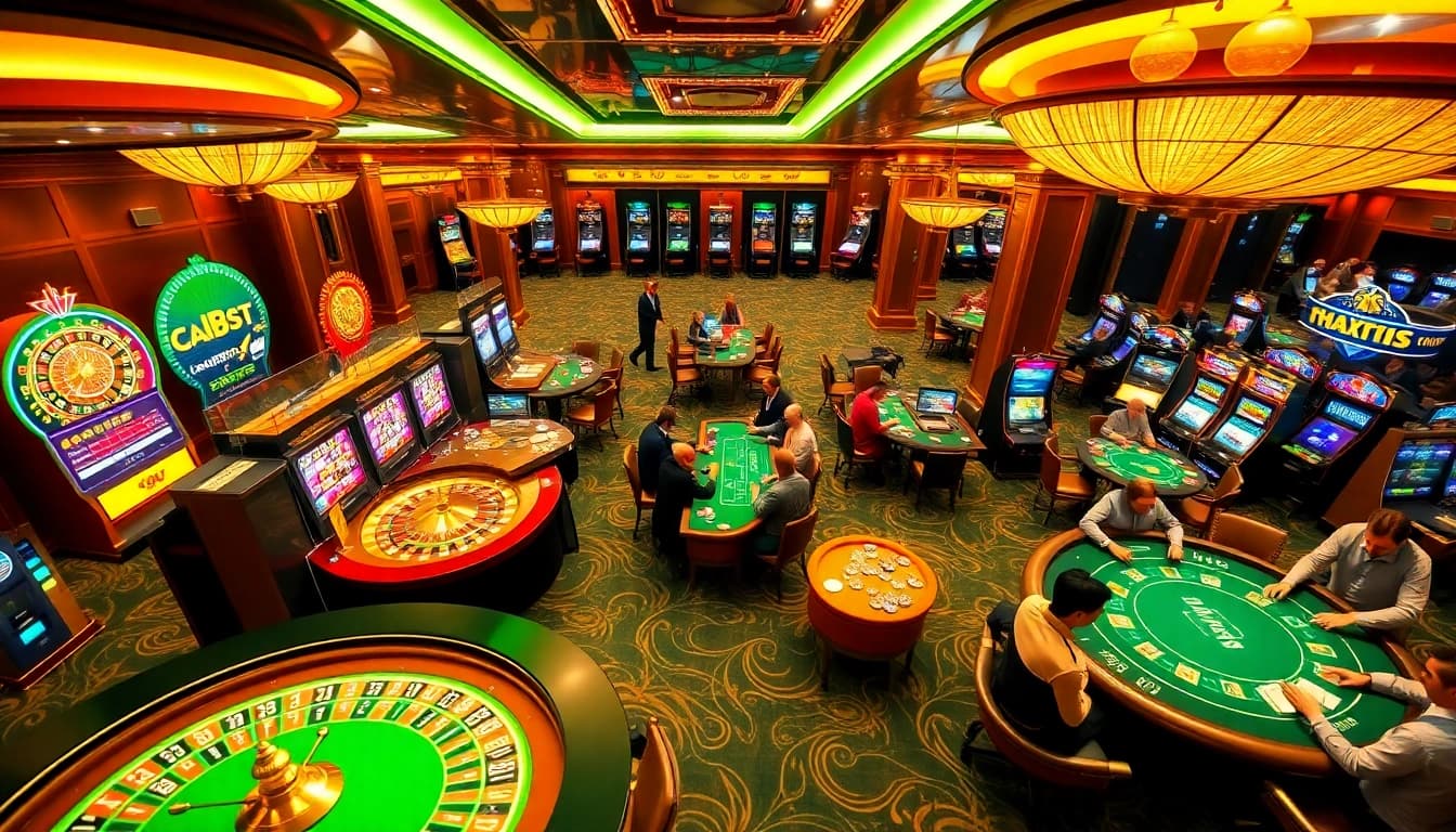 Experience the thrill of gambling at Luckywin's vibrant casino with roulette and slot machines.