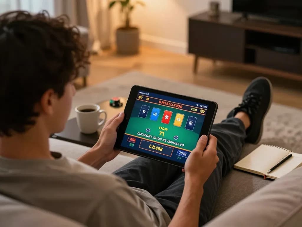 Experience online blackjack at LC88 from a cozy home setting, with strategic insights on display.